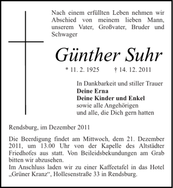 Traueranzeige von Günther Suhr von Landeszeitung
