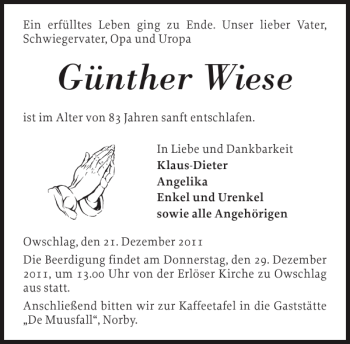 Traueranzeige von Günther Wiese von Landeszeitung