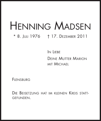 Traueranzeige von HENNING MADSEN von Flensburger Tageblatt