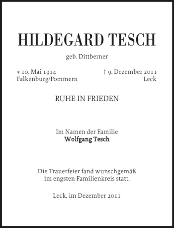 Traueranzeige von HILDEGARD TESCH von Nordfriesland Tageblatt