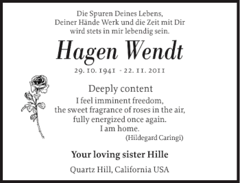 Traueranzeige von Hagen Wendt von Landeszeitung
