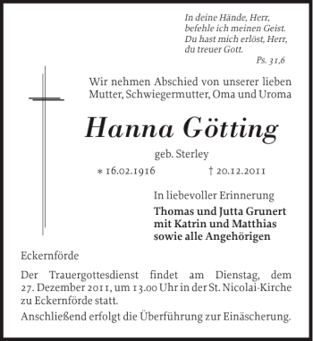 Traueranzeige von Hanna Götting von Eckernförder Zeitung