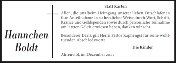 Traueranzeige von Hannchen Boldt von Husumer Nachrichten