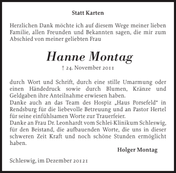 Traueranzeige von Hanne Montag von Schleswiger Nachrichten