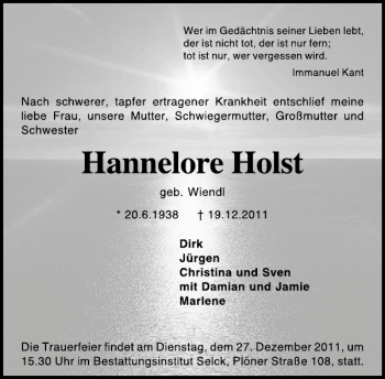 Traueranzeige von Hannelore Holst von Holsteinischer Courier