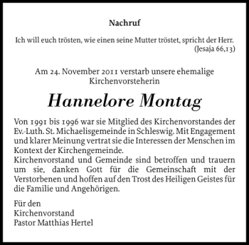 Traueranzeige von Hannelore Montag von Schleswiger Nachrichten