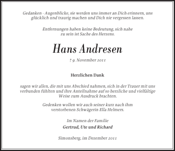 Traueranzeige von Hans Andresen von Husumer Nachrichten