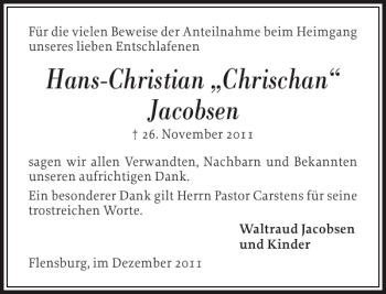 Traueranzeige von Hans-Christian Chrischan Jacobsen von Flensburger Tageblatt