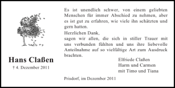 Traueranzeige von Hans Claßen von Pinneberger Tageblatt