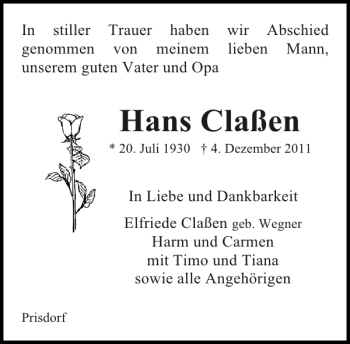 Traueranzeige von Hans Claßen von Pinneberger Tageblatt