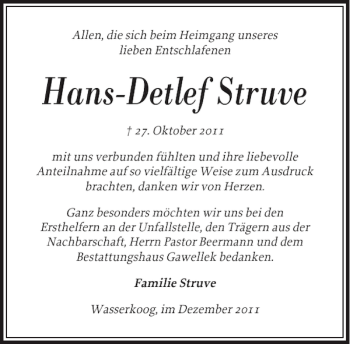 Traueranzeige von Hans-Detlef Struve von Husumer Nachrichten