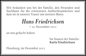 Traueranzeige von Hans Friedrichsen von Flensburger Tageblatt