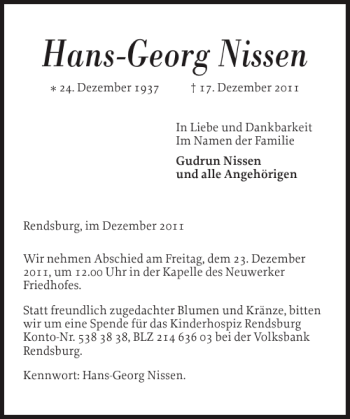 Traueranzeige von Hans-Georg Nissen von Landeszeitung