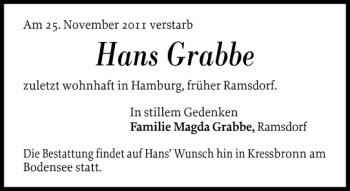Traueranzeige von Hans Grabbe von Landeszeitung