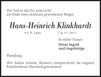 Traueranzeige von Hans-Heinrich Klinkhardt von Flensburger Tageblatt