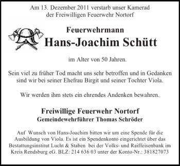 Traueranzeige von Hans-Joachim Schütt von Landeszeitung