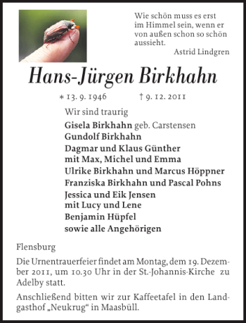 Traueranzeige von Hans-Jürgen Birkhahn von Flensburger Tageblatt