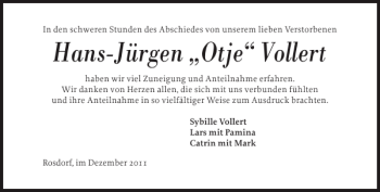 Traueranzeige von Hans-Jürgen Otje Vollert von Norddeutsche Rundschau