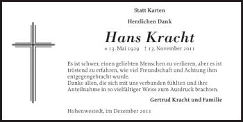 Traueranzeige von Hans Kracht von Landeszeitung