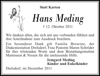 Traueranzeige von Hans Meding von Husumer Nachrichten