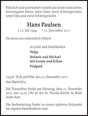 Traueranzeige von Hans Paulsen von Der Insel-Bote