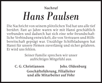 Traueranzeige von Hans Paulsen von Der Insel-Bote