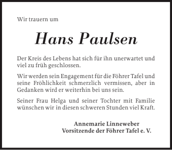 Traueranzeige von Hans Paulsen von Der Insel-Bote