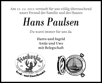 Traueranzeige von Hans Paulsen von Der Insel-Bote