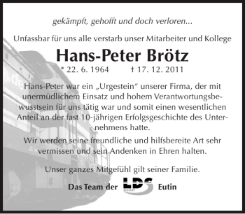 Traueranzeige von Hans-Peter Brötz von Ostholsteiner Anzeiger