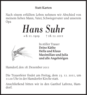 Traueranzeige von Hans Suhr von Landeszeitung