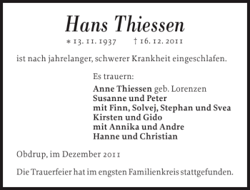 Traueranzeige von Hans Thiessen von Flensburger Tageblatt