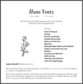 Traueranzeige von Hans Ventz von Nordfriesland Tageblatt