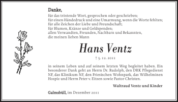 Traueranzeige von Hans Ventz von Nordfriesland Tageblatt
