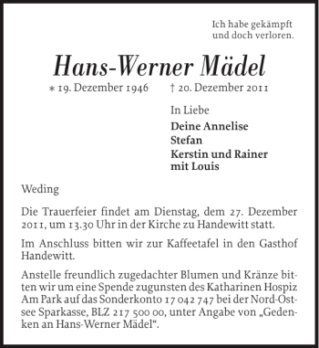 Traueranzeige von Hans-Werner Mädel von Flensburger Tageblatt