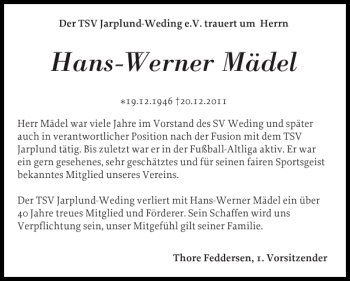 Traueranzeige von Hans-Werner Mädel von Flensburger Tageblatt