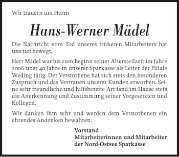 Traueranzeige von Hans-Werner Mädel von Flensburger Tageblatt