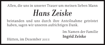 Traueranzeige von Hans Zeiske von Eckernförder Zeitung