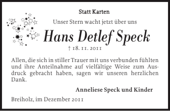 Traueranzeige von Hans Detlef Speck von Landeszeitung
