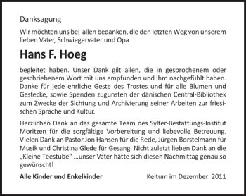 Traueranzeige von Hans F. Hoeg von Sylter Rundschau