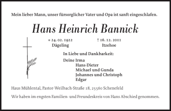 Traueranzeige von Hans Heinrich Bannick von Norddeutsche Rundschau