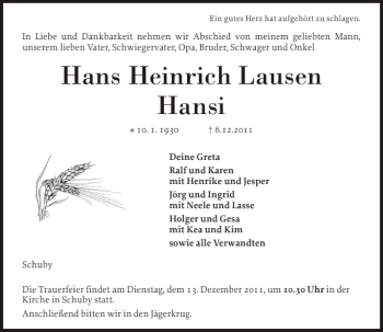 Traueranzeige von Hans Heinrich Lausen Hansi von Schleswiger Nachrichten