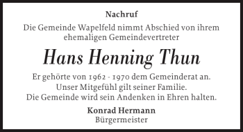 Traueranzeige von Hans Henning Thun von Landeszeitung