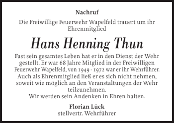 Traueranzeige von Hans Henning Thun von Landeszeitung