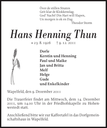 Traueranzeige von Hans Henning Thun von Landeszeitung