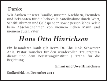 Traueranzeige von Hans Otto Hinrichsen von Schleswiger Nachrichten