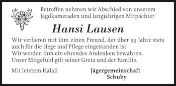 Traueranzeige von Hansi Lausen von Schleswiger Nachrichten