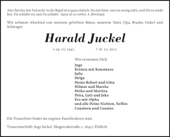 Traueranzeige von Harald Juckel von Holsteinischer Courier