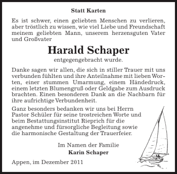 Traueranzeige von Harald Schaper von Pinneberger Tageblatt