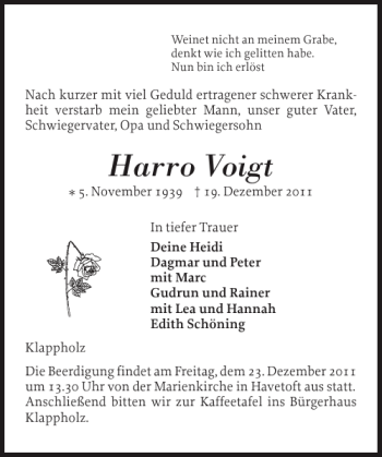 Traueranzeige von Harro Voigt von Flensburger Tageblatt