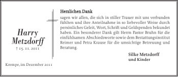 Traueranzeige von Harry Metzdorff von Norddeutsche Rundschau